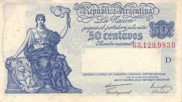 阿根廷 Pick 250a ND1943年版50 Centavos 纸钞 