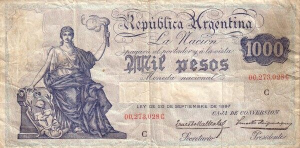 阿根廷 Pick 249c ND1932-35年版1000 Pesos 纸钞 