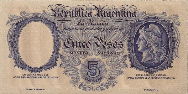 阿根廷 Pick 249B ND年版5 Pesos 纸钞 