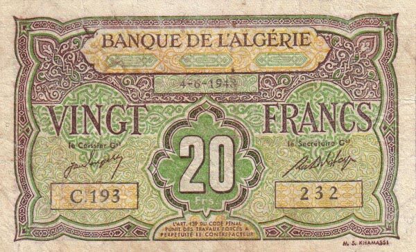 阿尔及利亚 Pick 103 L.1944年版20 Francs 纸钞 