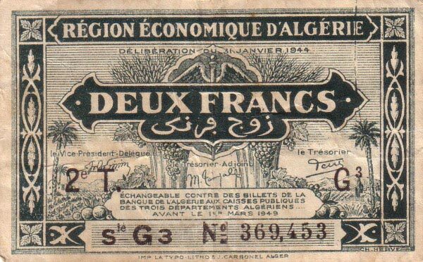 阿尔及利亚 Pick 102 L.1944年版2 Francs 纸钞 