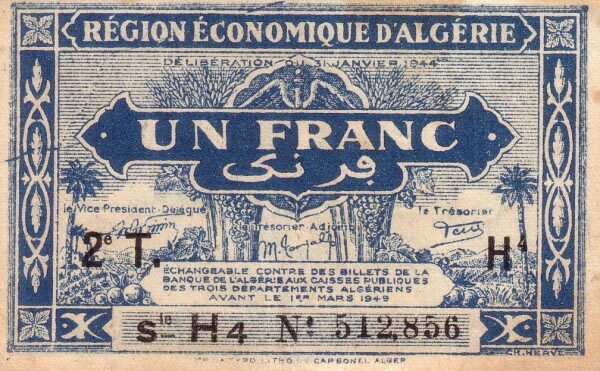 阿尔及利亚 Pick 101 L.1944年版1 Franc 纸钞 