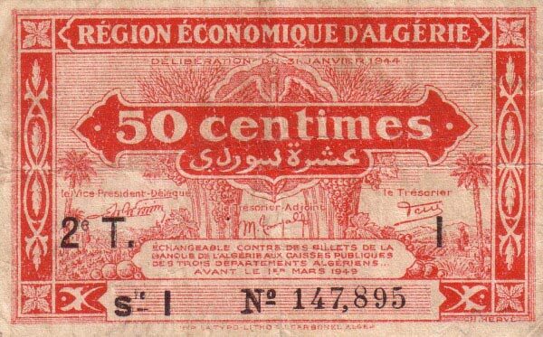 阿尔及利亚 Pick 100 L.1944年版50 Centimes 纸钞 