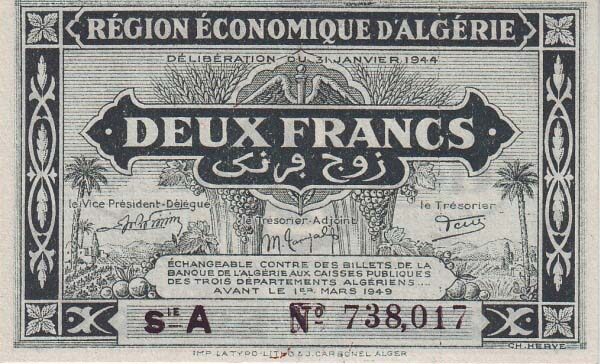 阿尔及利亚 Pick 099a L.1944年版2 Francs 纸钞 