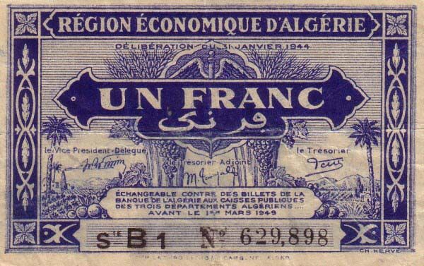 阿尔及利亚 Pick 098a L.1944年版1 Franc 纸钞 