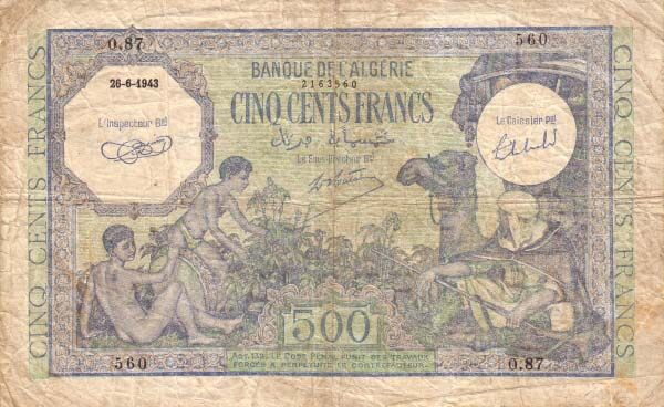 阿尔及利亚 Pick 093 1943.6.26年版500 Francs 纸钞 