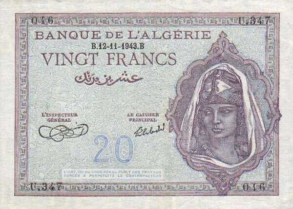 阿尔及利亚 Pick 092 1943.11.12年版20 Francs 纸钞 