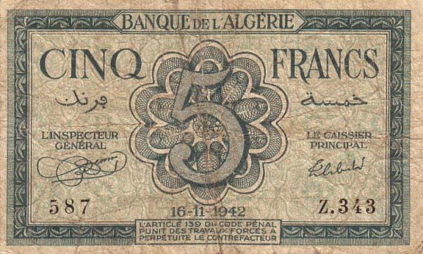 阿尔及利亚 Pick 091 1942.11.16年版5 Francs 纸钞 