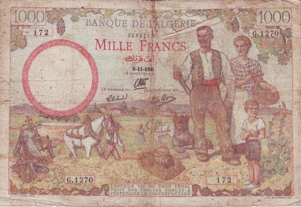 阿尔及利亚 Pick 089 1942.11.6年版1000 Francs 纸钞 
