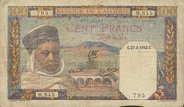 阿尔及利亚 Pick 088 1942.3.27年版100 Francs 纸钞 
