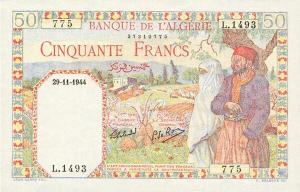 阿尔及利亚 Pick 087 1944.11.29年版100 Francs 纸钞 