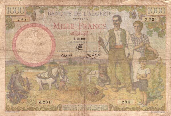 阿尔及利亚 Pick 086 1941.10.6年版1000 Francs 纸钞 
