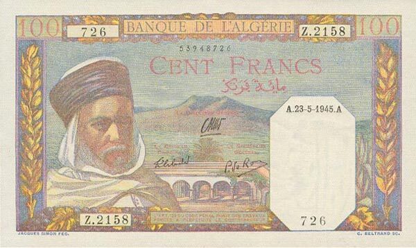 阿尔及利亚 Pick 085 1945.5.23年版100 Francs 纸钞 