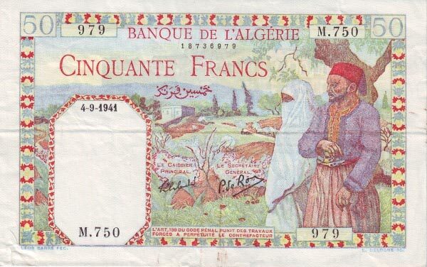 阿尔及利亚 Pick 084 1941.9.4年版50 Francs 纸钞 