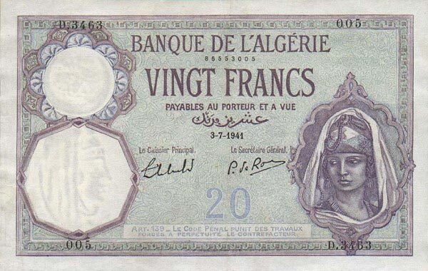 阿尔及利亚 Pick 078c 1941.7.3年版20 Francs 纸钞 