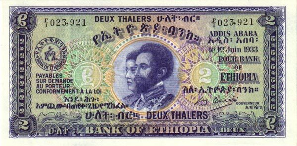 埃塞俄比亚 Pick 06 1933.6.1年版2 Thalers 纸钞 
