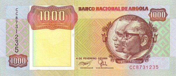 安哥拉 Pick 129b 1991.2.4年版1000 Kwanzas 纸钞 