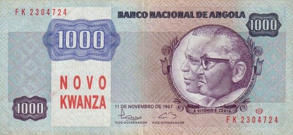 安哥拉 Pick 124 1987.11.11年版1000 Novo Kwanza 纸钞 