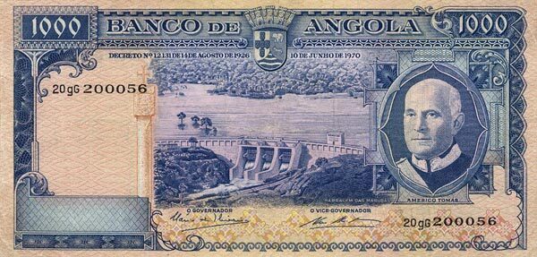 安哥拉 Pick 098 1970.6.10年版1000 Escudos 纸钞 