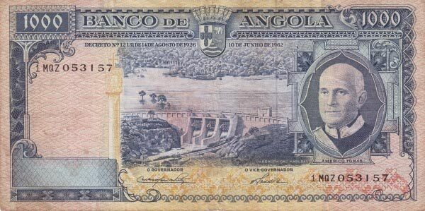 安哥拉 Pick 096 1962.6.10年版1000 Escudos 纸钞 