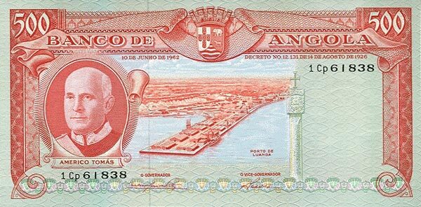 安哥拉 Pick 095 1962.6.10年版500 Escudos 纸钞 