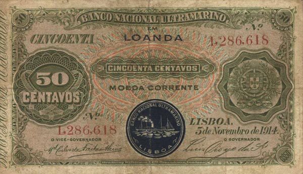 安哥拉 Pick 045 1914.11.5年版50 Centavos 纸钞 