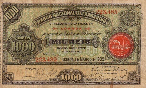 安哥拉 Pick 027 1909.3.1年版1000 Reis 纸钞 