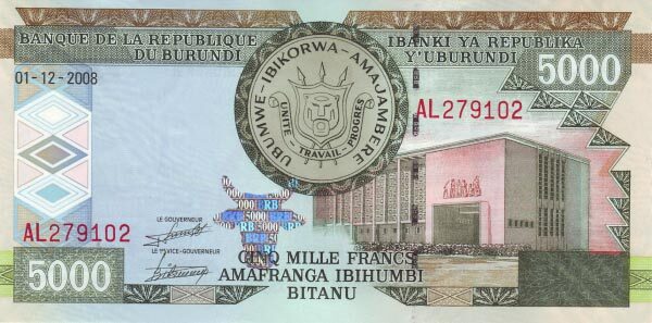 布隆迪 Pick 48 2008.12.1年版5000 Francs 纸钞 