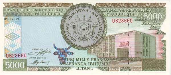 布隆迪 Pick 42a 1999.2.5年版5000 Francs 纸钞 