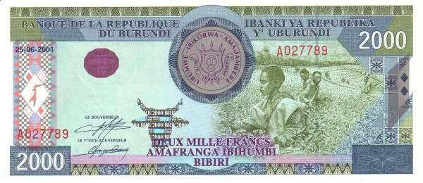 布隆迪 Pick 41a 2001.6.25年版2000 Francs 纸钞 