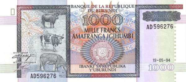 布隆迪 Pick 39a 1994.5.19年版1000 Francs 纸钞 