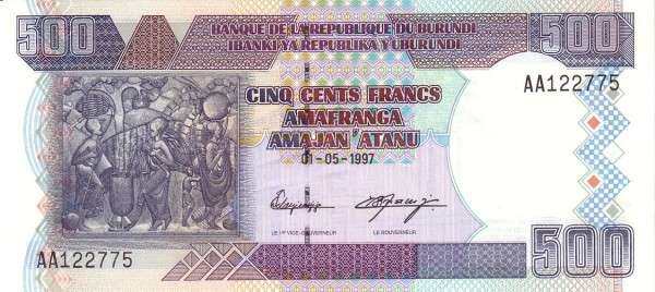 布隆迪 Pick 38a 1997.5.1年版500 Francs 纸钞 