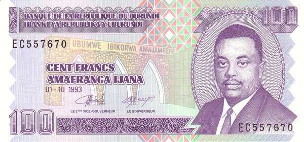 布隆迪 Pick 37a 1993.10.1年版100 Francs 纸钞 
