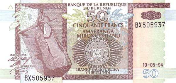 布隆迪 Pick 36a 1994.5.19年版50 Francs 纸钞 