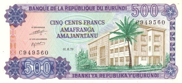 布隆迪 Pick 34a 1979.6.1年版500 Francs 纸钞 