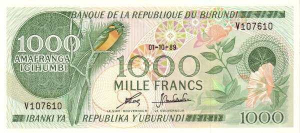 布隆迪 Pick 31d 1989.10.1年版1000 Francs 纸钞 