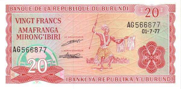 布隆迪 Pick 27a 1977.7.1年版20 Francs 纸钞 