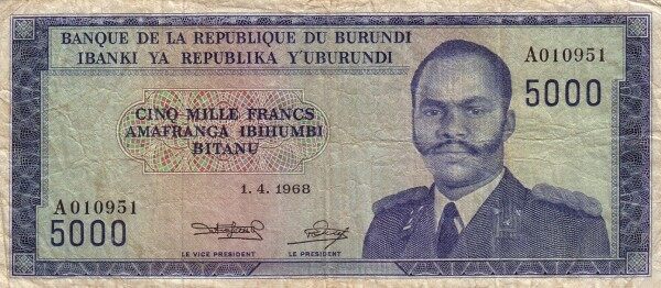 布隆迪 Pick 26a 1968.4.1年版5000 Francs 纸钞 