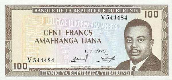 布隆迪 Pick 23b 1973.7.1年版100 Francs 纸钞 
