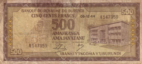 布隆迪 Pick 13 1964.12.5年版500 Francs 纸钞 