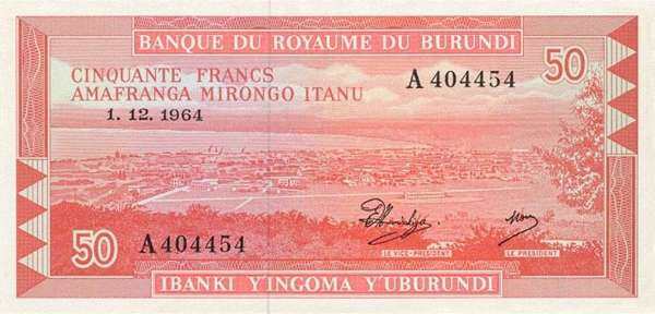 布隆迪 Pick 11a 1964.12.1年版50 Francs 纸钞 