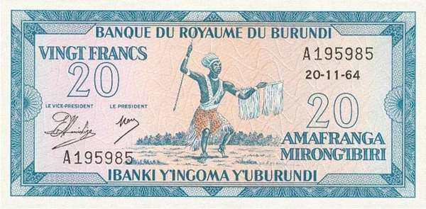 布隆迪 Pick 10 1964.11.20年版20 Francs 纸钞 