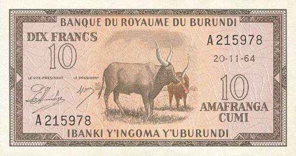 布隆迪 Pick 09 1964.11.20年版10 Francs 纸钞 