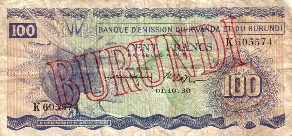 布隆迪 Pick 05 1960.10.1年版100 Francs 纸钞 