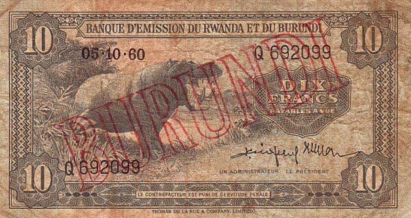 布隆迪 Pick 02 1960.10.5年版10 Francs 纸钞 