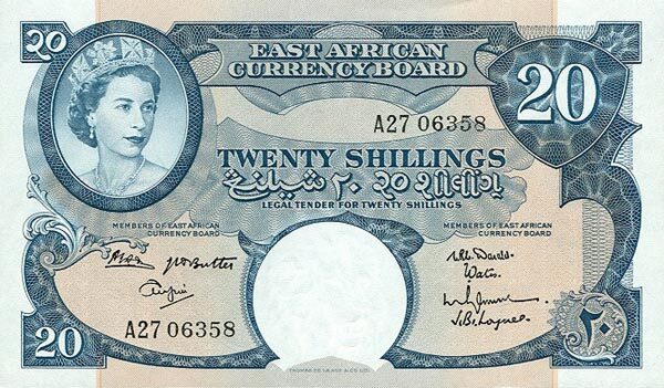 东非 Pick 43b ND1962-63年版20 Shillings 纸钞 
