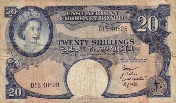 东非 Pick 39 ND1958-60年版20 Shillings 纸钞 