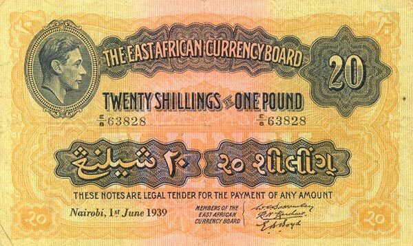 东非 Pick 30a 1939.6.1年版20 Shillings 纸钞 