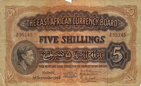 东非 Pick 28b 1943.9.1年版5 Shillings 纸钞 
